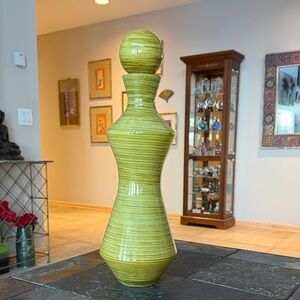 Pier 1 Avocado green striped swirl glass vase / bottle with matching ball topper